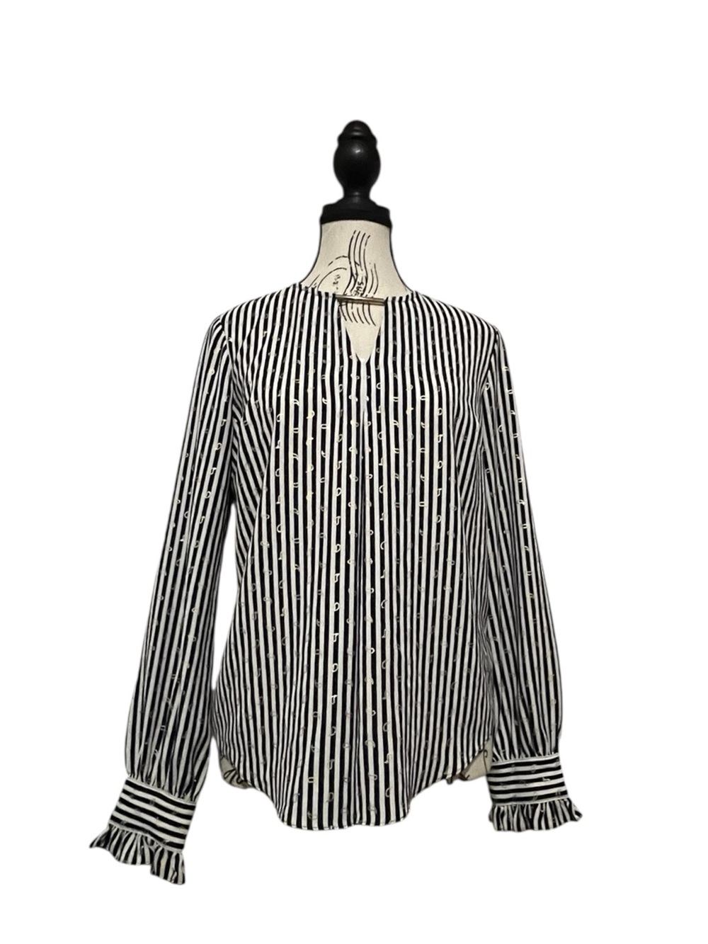 Michael Kors Striped Blouse Women Small Blue White Split V-Neck Ruffle Sleeve